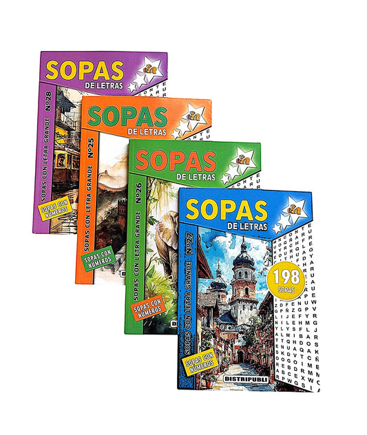 Sopas De Letras 792 Sopas Pack de 4 unidades Pasatiempos En español Con Letra Grande En Blanco Y Negro