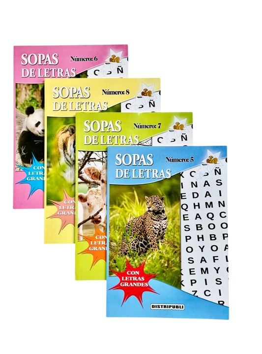 Sopas de Letras en Español, Pack de 4 Libros, 376 Pasatiempos, Letra Grande, Blanco y Negro