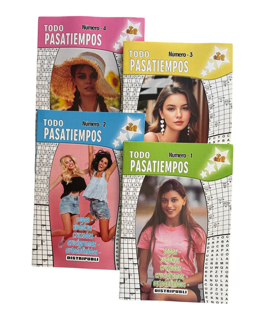 Todo Pasatiempos para Adultos, Pack de 4 Unidades Son 344 Ejercicios Mas Soluciones, Sopas de Letras, Sudokus, Crucigramas, Autodefinidos y Cruzadas