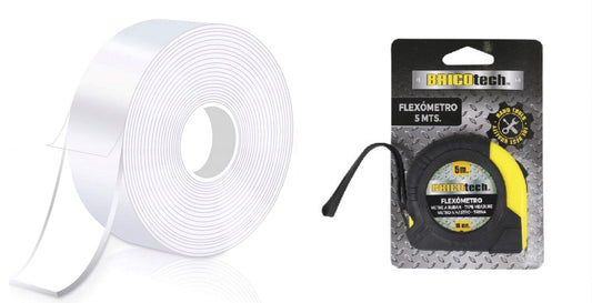 Flexómetro  Bricotech 5m x 32mm cinta métrica de acero resistente con estuche ergonómico incluye 1 cinta doble cara trasparente de 3m ideal para montaje de interiores, exteriores, decoración, manualidades, reparación Y alfombras