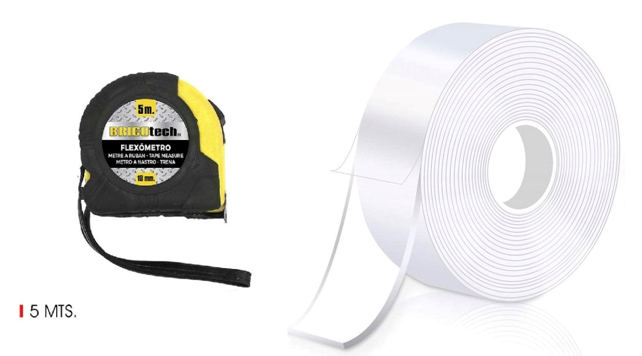 Flexómetro  Bricotech 5m x 32mm cinta métrica de acero resistente con estuche ergonómico incluye 1 cinta doble cara trasparente de 3m ideal para montaje de interiores, exteriores, decoración, manualidades, reparación Y alfombras